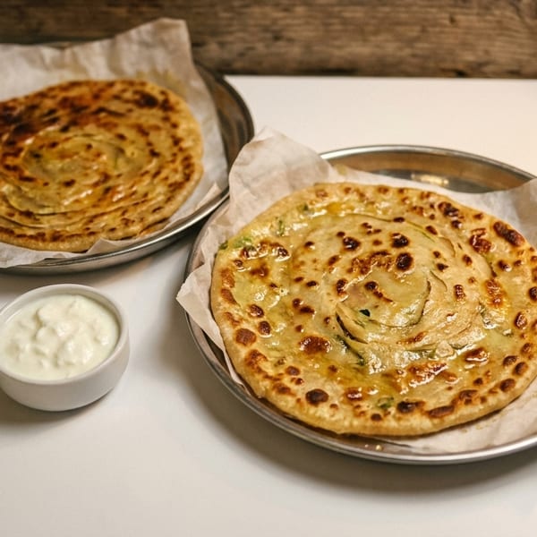 Two golden-brown parathas on metal plates with parchment paper, and a small bowl of white sauce.