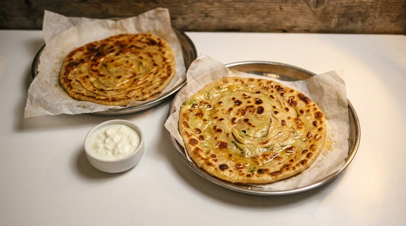 Two golden-brown parathas on metal plates with parchment paper, and a small bowl of white sauce.