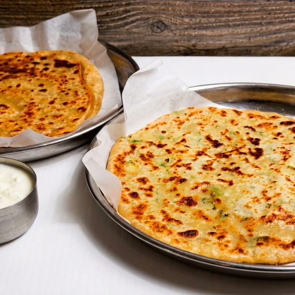 Two golden-brown parathas on metal plates with parchment paper, and a small bowl of yogurt.