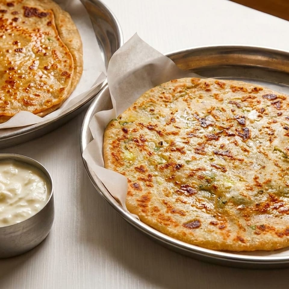 Two golden-brown parathas, one round and one oval, served with a small bowl of yogurt.