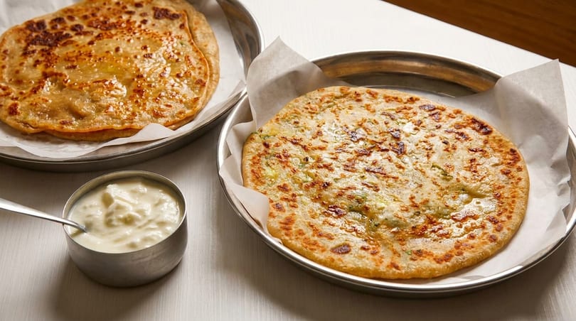 Two golden-brown parathas, one round and one oval, served with a side of white yogurt.