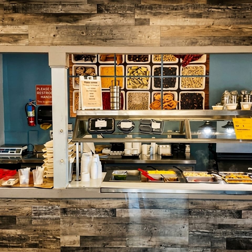 A self-serve buffet counter with various Indian dishes, snacks, and drinks in a restaurant.