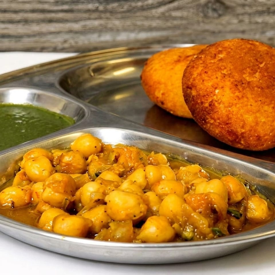 A metal tray with three compartments holding chana masala, green chutney, and two fried bread pieces.