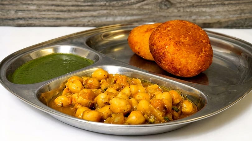 A metal tray with three compartments holding chana masala, green chutney, and two fried bread pieces.