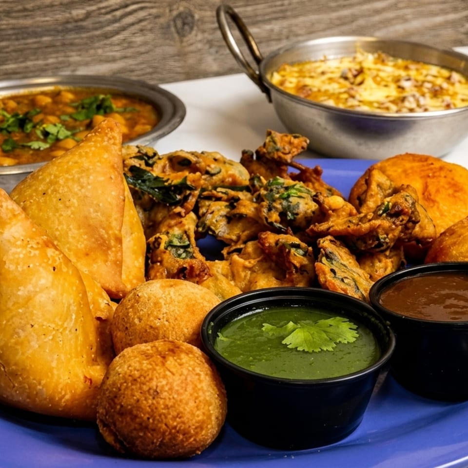 A blue plate with samosas, pakoras, kachori, and two dipping sauces, with two bowls of curry in the background.