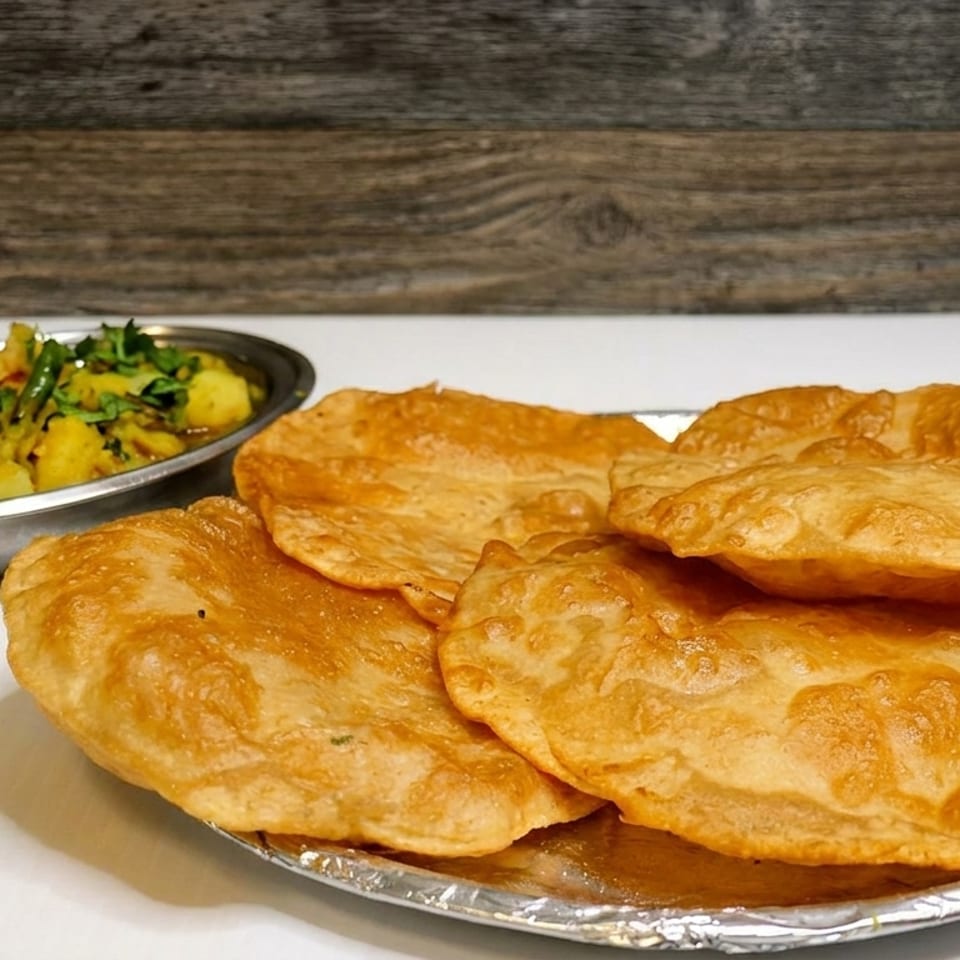 Golden-brown puri bread on a foil-lined plate, with a bowl of potato curry in the background.