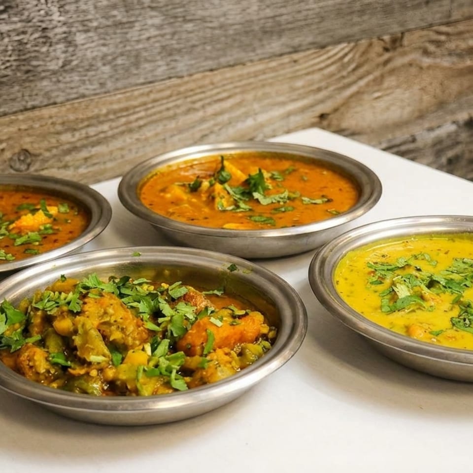 Four bowls of colorful Indian curries and stews, garnished with fresh cilantro, on a white table.