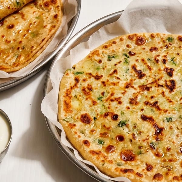 Two plates of golden-brown parathas, one folded and one round, with a small bowl of yogurt.