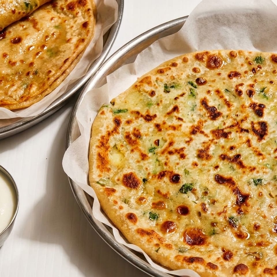 Two plates of golden-brown parathas, one folded and one round, with a side of white yogurt.